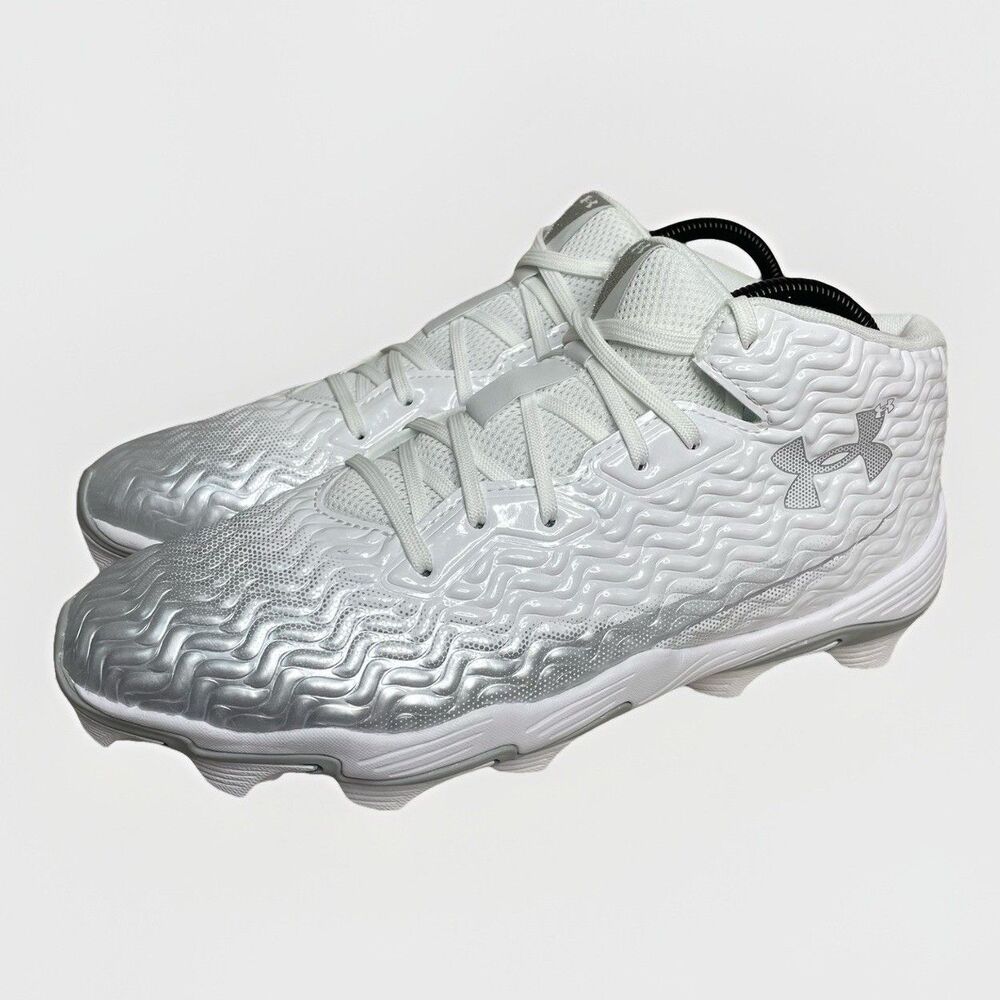 Under Armour Mens 10.5 Spotlight Hammer Football Cleats Footwear White gray Mid